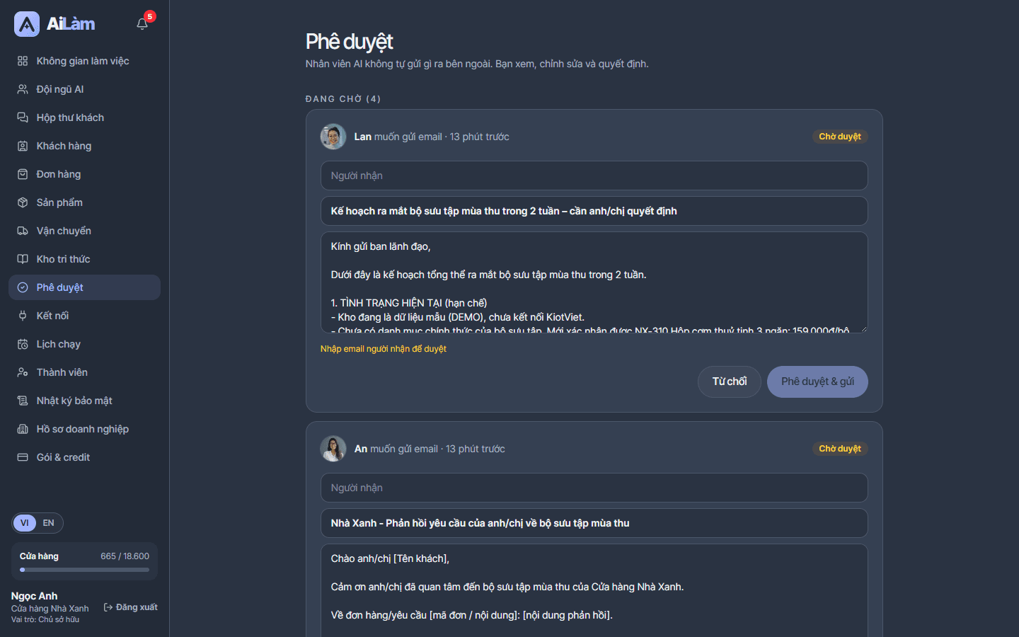Trang Phê duyệt trong AiLàm: email do nhân viên AI soạn đang chờ chủ cửa hàng xem, sửa và duyệt